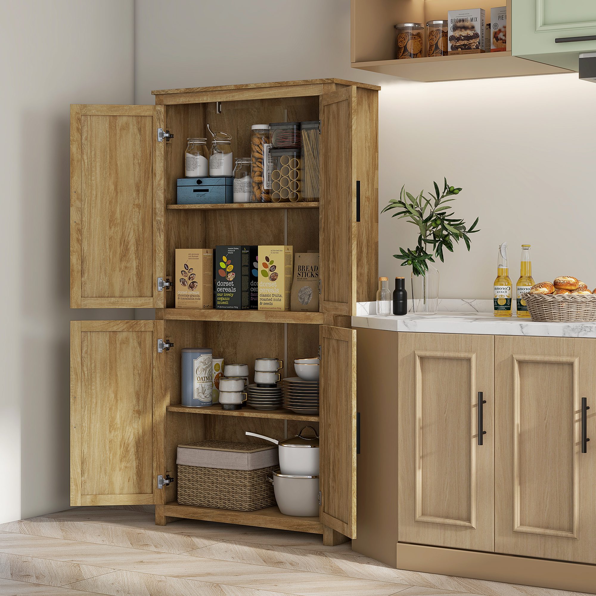 64" Kitchen Pantry, Tall Storage Cabinet with 4 Rattan Doors, 4 Tier Shelves and Adjustable Shelf, Natural