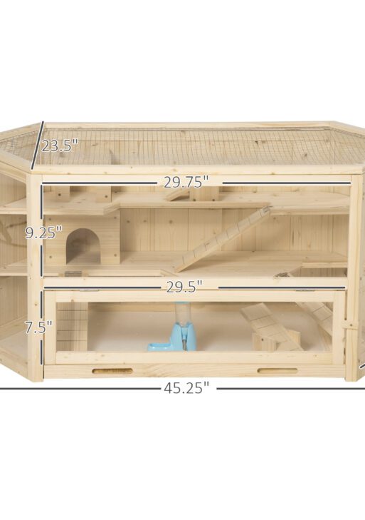 Wooden Large Hamster Cage Small Animal Exercise Play House 3 Tier with Tray, Seesaws, Water Bottle, Activity Center, Natural