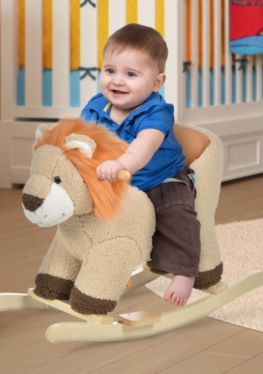 Baby Rocking Horse Lion with Sound, Plush Stuffed Rocking Animals, Wooden Rocking Horse with Seat Belt for 18-36 Months Boys and Girls Gift, Brown