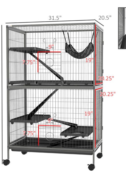 50" H Rolling Small Animal Cage with Hammock, Ferret Cage, Chinchilla Cage, Pet Habitat with 4 Doors, Removable Tray