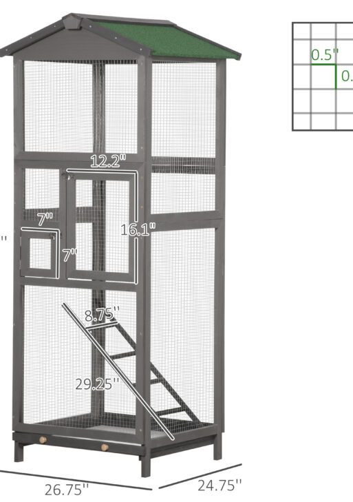 65" Wooden Bird Cage Outdoor Aviary House for Parrot, Parakeet, with Pull Out Tray and 2 Doors, Grey