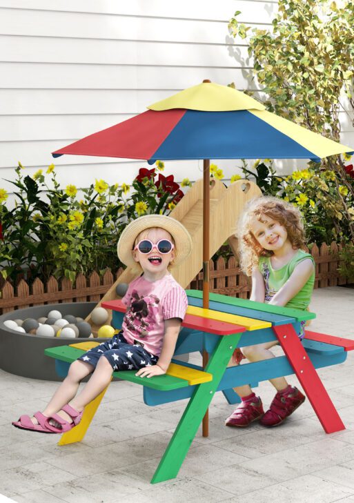 Wooden Kids Picnic Table Set with Parasol, Seating for 2 Children 3-6 Years Old, for Patio Backyard, Indoor Outdoor Use