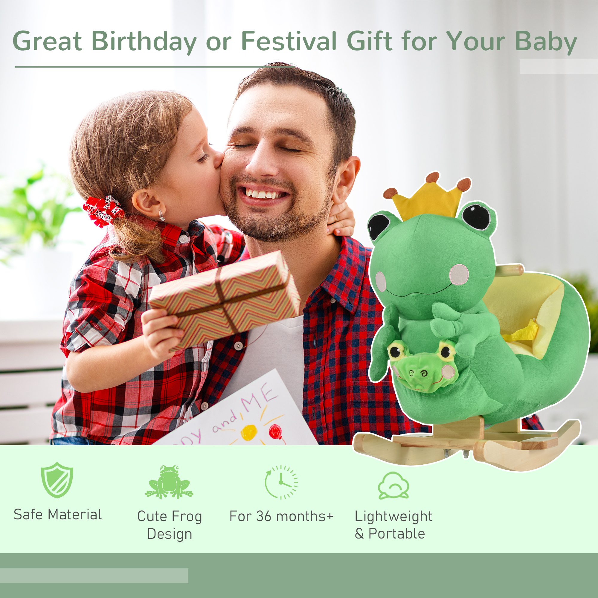 Kids Ride-On Rocking Horse Toy Frog Style Rocker with Fun Music, Seat Belt & Soft Plush Fabric Hand Puppet for Children 18-36 Months - Image 4