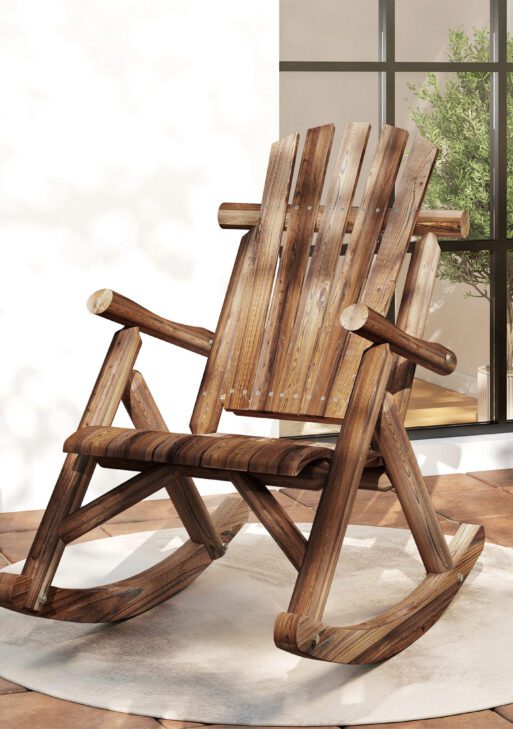 Outdoor Wooden Rocking Chair, Single-Person Adirondack Rocking Patio Chair with Rustic High Back, Slatted Seat and Backrest for Indoor, Backyard, Garden, Carbonized