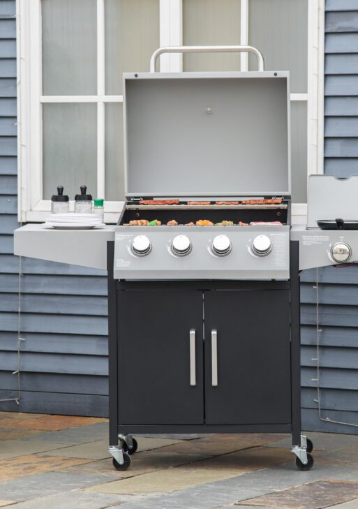 52" Barbecue Grill with Wheels 4+1 Burner Liquid Propane Gas Grill Outdoor Cabinet Style BBQ Trolley w/ Side Burner, Warming Rack, Storage Cabinet