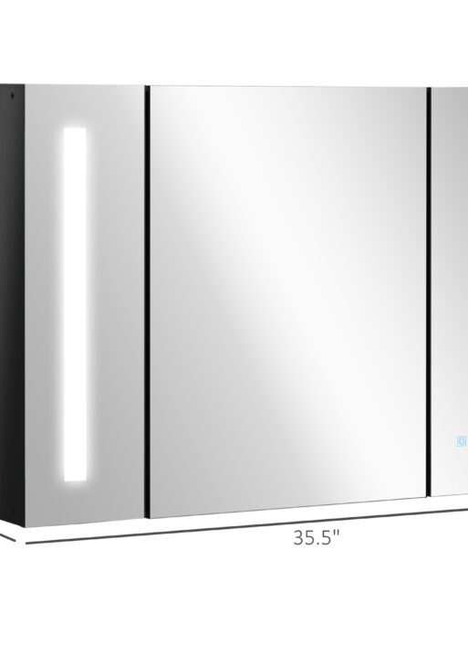 LED Lighted Medicine Cabinet with Mirror, 35.5"W x 25.5"H Wall Mounted Bathroom Cabinet with 3 Cupboards, Memory Function, USB Charge, High Gloss Black