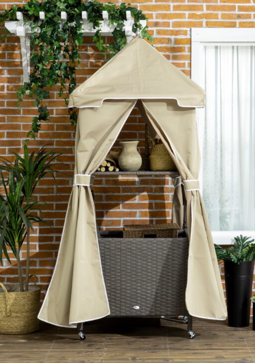 Outdoor Towel Valet Caddy, Covered Poolside Towel Holder Rack, Shelf, Basket, Rolling PE Rattan Wicker Storage on Wheels, Beige