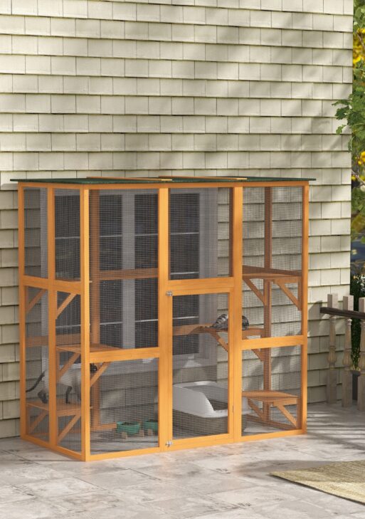 Outdoor Cat House Big Catio Wooden Feral Cat Shelter Enclosure with Large Spacious Interior, 6 High Ledges, Weather Protection Asphalt Roof, 71" L, Orange