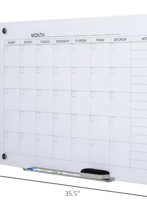 35"x23" Dry Erase Wall Calendar Glass Whiteboard Monthly Planner for Homeschool Supplies & Home Office Organization with 4 Markers and 1 Eraser,Frameless