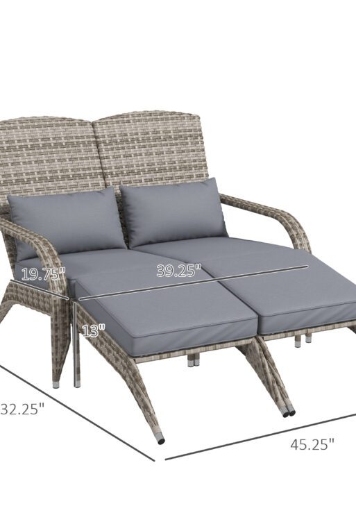 Wicker Adirondack Chair for 2 with Cushions & Footrests, PE Rattan Double Chaise Lounge Chair, Fire Pit Chair for Porch with Wide Armrests, High-back, Gray