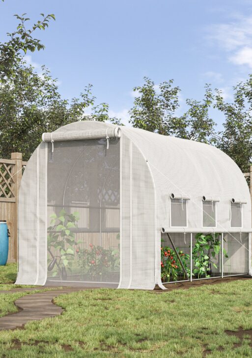 116.25" x 78.75" x 78.75" Walk-in Tunnel Greenhouse, Mesh Windows, Bottom Vents, Zippered Door, PE Cover, Heavy Duty Steel Frame, White