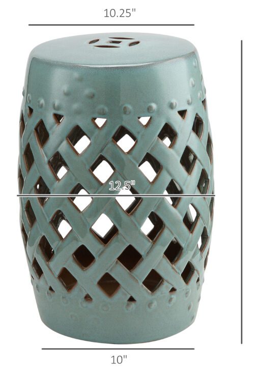 13" x 18" Ceramic Garden Stool with Woven Lattice Design & Glazed Strong Materials Decorative End Table, Antique Blue