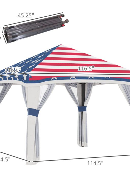 10' x 10' Pop Up Canopy Tent with Netting, Instant Tents for Parties, Height Adjustable, with Wheeled Carry Bag and 4 Sand Bags for Outdoor, Garden, Patio, American Flag