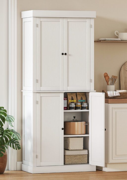 72" Kitchen Cabinet, Pantry Storage Cabinet with Doors and Shelves, Freestanding Food Pantry Cabinet, White Wood Grain