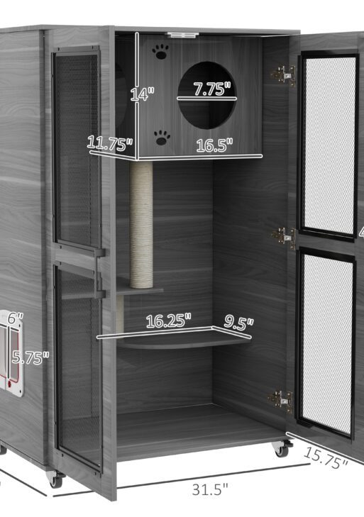 Cat Tree House with Scratching Post and Wheels, Gray