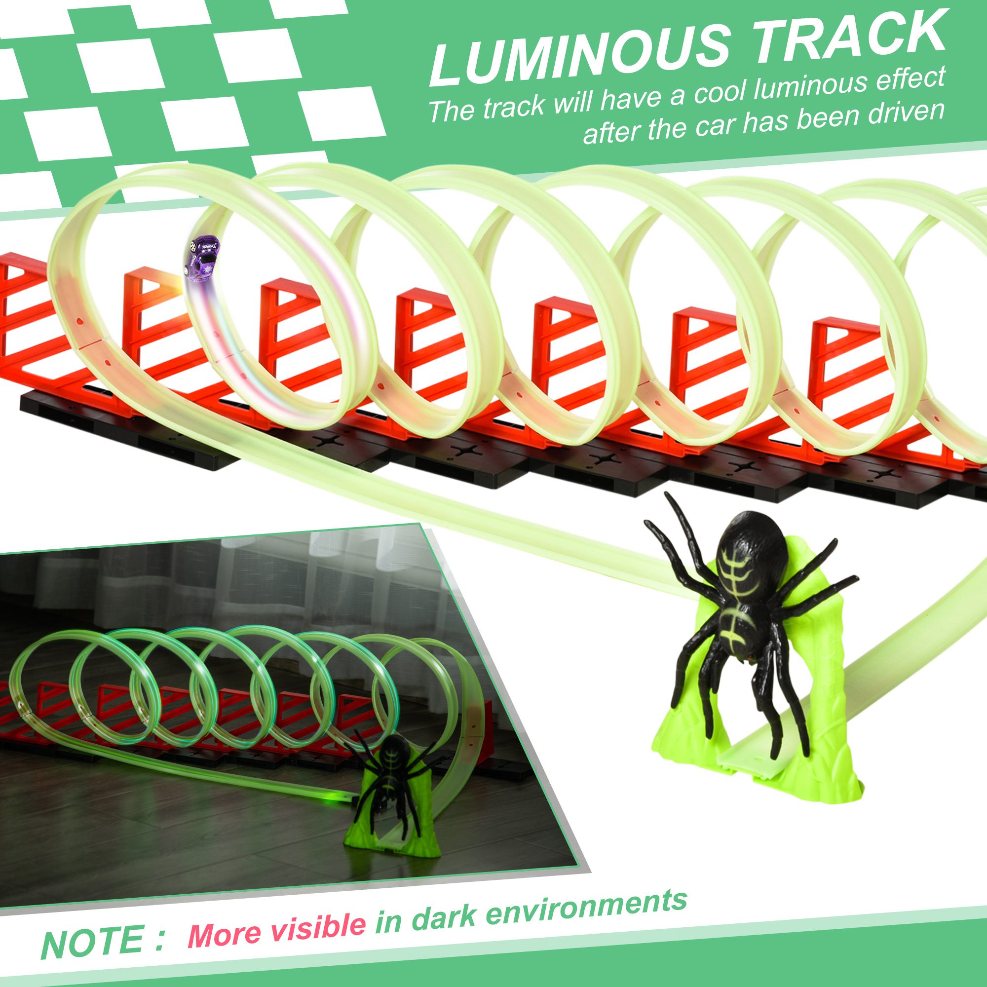 Track Builder Loop Kit Criss-Cross Glowing Race Track Toy Set Spooky Spider Fun Starter Kit, with Pull-back Car for Kids 3-6 years old, Lime Green - Image 2