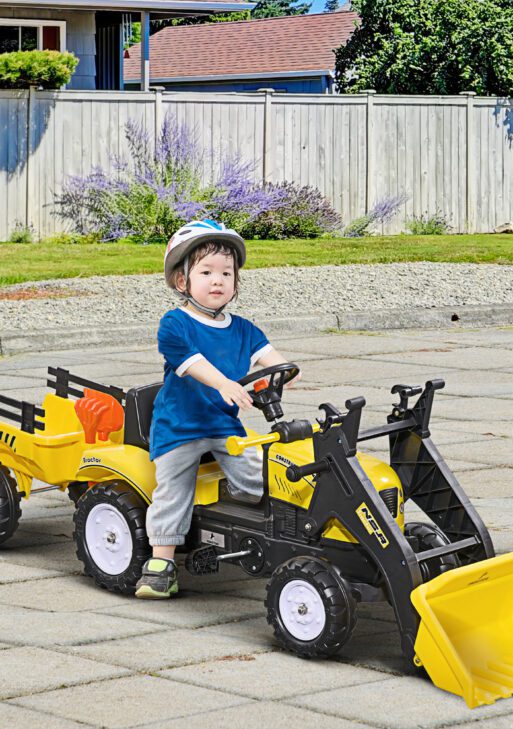 Ride-On Kids Bulldozer/Excavator Toy with Real Working Dirt Bucket, Easy Pedal Controls, 6 Wheels, & Cargo Trailer