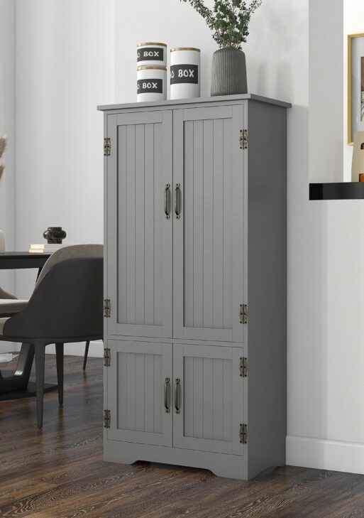 Accent Floor Storage Cabinet Kitchen Pantry with Adjustable Shelves and 2 Lower Doors, Gray