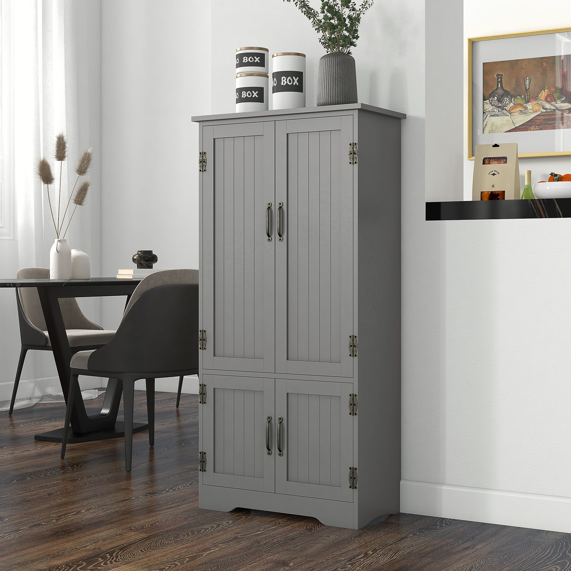 Accent Floor Storage Cabinet Kitchen Pantry with Adjustable Shelves and 2 Lower Doors, Gray