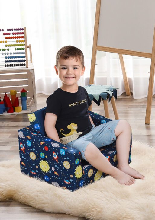 Kids Fold-Out Couch/Chair Lounger with Space-Themed Washable Fabric & Removable Cushion for 3-6 Years Old, Blue