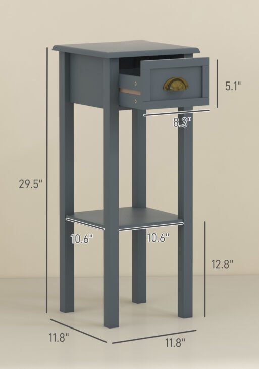 2-Tier Side Tables Set of 2 with Drawer and Shelf, 2 Pieces End Tables for Living Room and Hallway, Gray