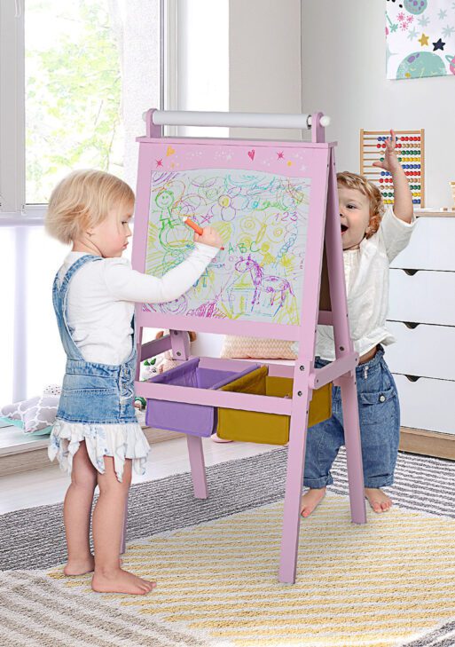 Qaba 3 In 1 Kids Wooden Art Easel with Paper Roll, Double-Sided, Chalkboard & Whiteboard, Storage Baskets, Pink