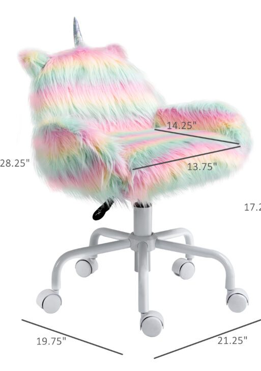 Fluffy Unicorn Office Chair with Mid-Back and Armrest Support, 5 Star Swivel Wheel White Base, Rainbow