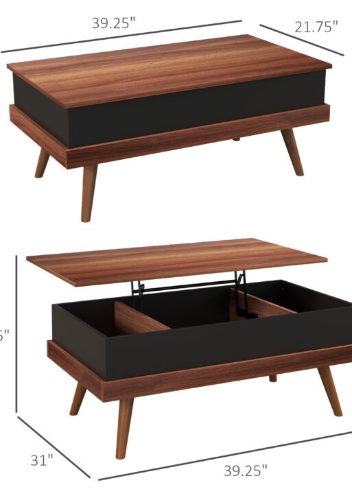 Lift Top Coffee Table with Hidden Compartments and Wood Legs, Walnut