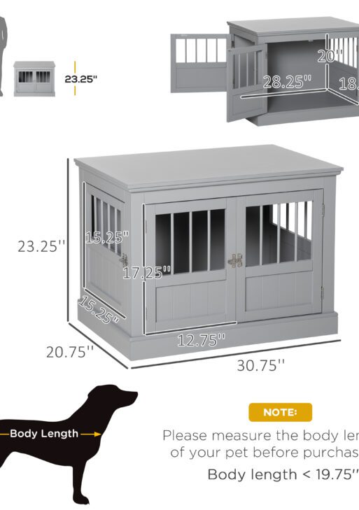 Wooden Dog Crate End Table, Dog Crate Furniture with Triple Doors, Puppy Crate for Small Dogs Indoor Use, Dark Gray