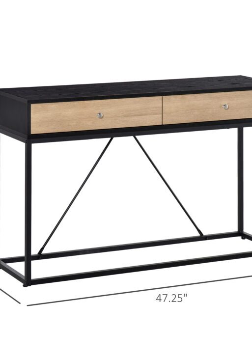 Console Table, Hallway Table with 2 Drawers, Steel Frame Sofa Table for Entrance and Living Room, Black