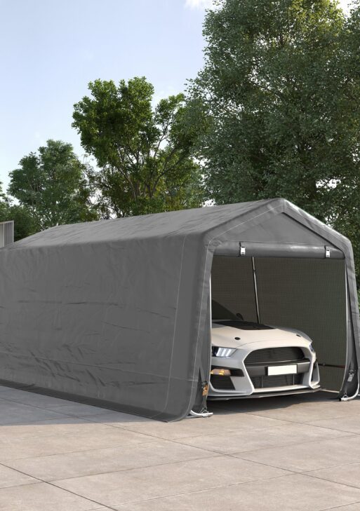10' x 20' Carport Portable Garage, Heavy Duty Storage Tent, Patio Storage Shelter w/ Anti-UV PE Cover and Double Zipper Doors, for Motorcycle Bike Garden Tools, Gray
