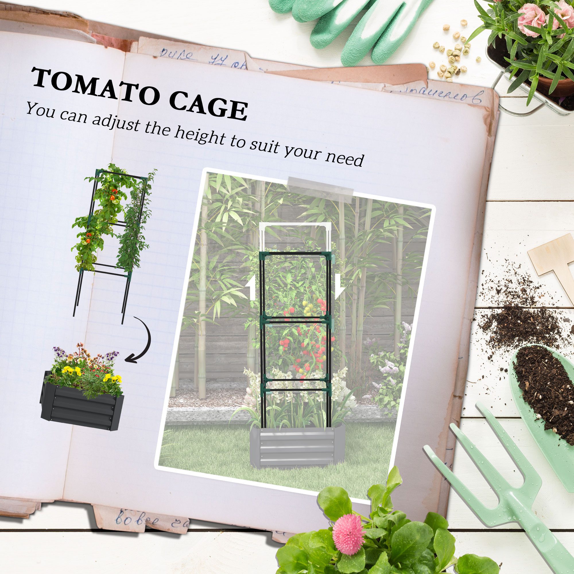 Galvanized Planter Box, 24" x 24" x 55" Raised Garden Bed with Tomato Cage for Climbing Vines, Dark Gray - Image 2