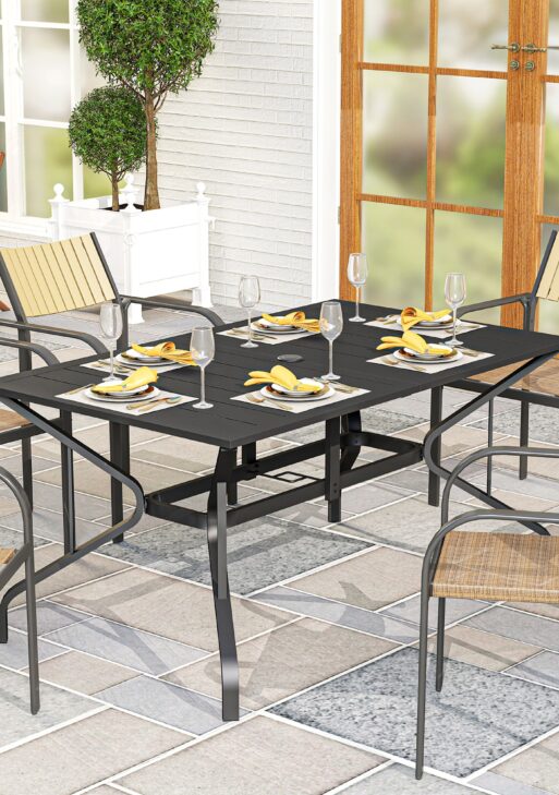 Rectangular Patio Table with Umbrella Hole, Steel Rectangle Outdoor Dining Table for 6 People for Garden, Black