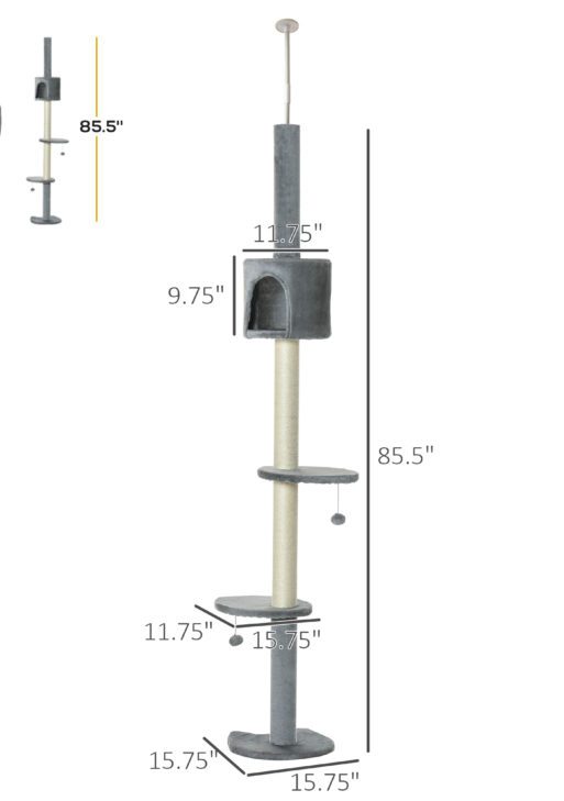 85.5" Cat Tree Height Adjustable Floor-to-Ceiling 4-Tier Kitty Climbing Activity Center Condo Cat Toy with Scratching Post Hanging Balls Play Rest Post Pet Furniture Grey