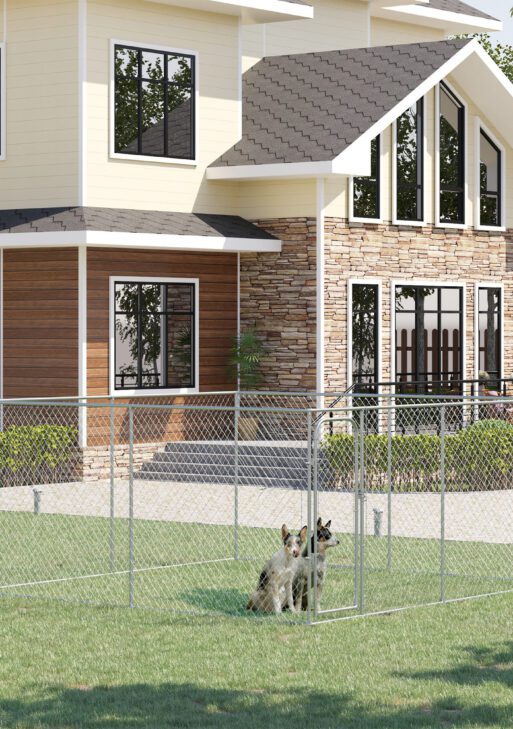 Outdoor Dog Kennel, Galvanized Chain Link Fence Heavy Duty Pet Run House, Chicken Coop with Secure Lock Mesh Sidewalls for Backyard Garden, Silver