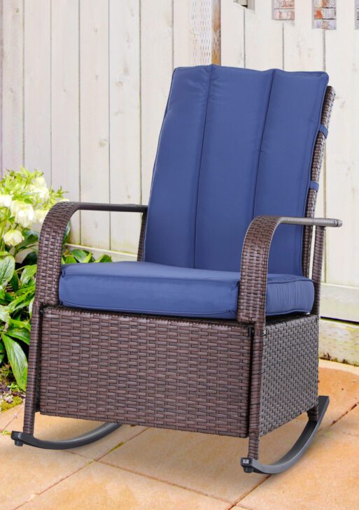 Outdoor Rattan Wicker Rocking Chair Patio Recliner with Soft Cushion, Adjustable Footrest, Max. 135 Degree Backrest, Blue