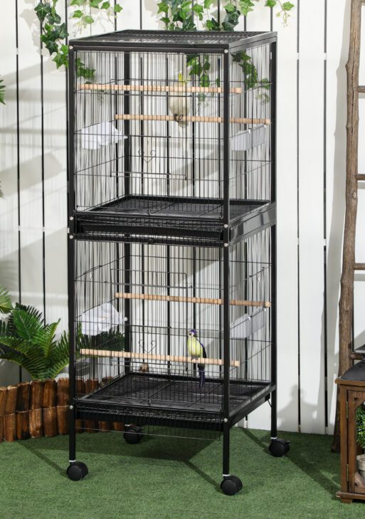 55" 2 In 1 Bird Cage Aviary Parakeet House for finches, budgies with Wheels, Black