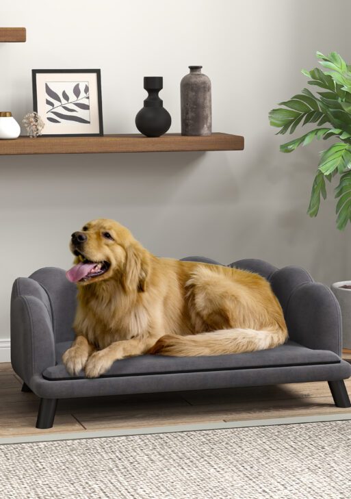 Pearl Design Pet Sofa for Medium and Large Sized Dogs, Pet Bed with Cushion and Solid Wood Legs, Charcoal Gray