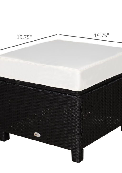 20" Patio Wicker Ottoman, Multipurpose Outdoor PE Rattan Footrest, Additional Seating, Side Table with Soft Cushion, Black, Cream White