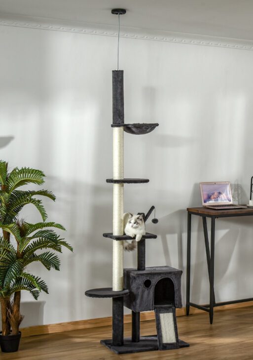 106" Huge Cat Tree Floor-to-Ceiling, Cat Climbing Tower, Kitty Activity Center with Scratching Post Board, Hammock, Hanging Ball, Rest Dark Gray