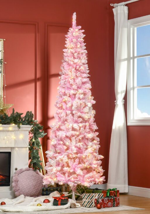 7.5ft Prelit Snow Flocked Artificial Christmas Tree with Pencil Shape, Pine Realistic Branches, Warm White LED lights, Auto Open, Pink and White