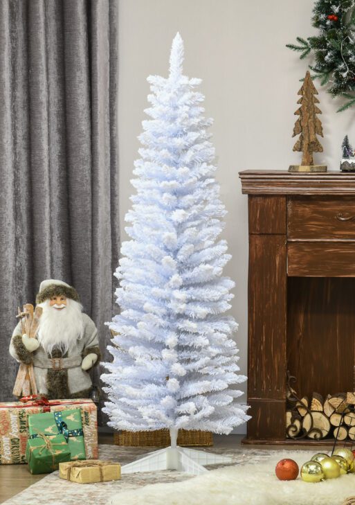 5' Decorated Christmas Tree Snow Flocked Artificial Christmas Tree with Pencil Shape, Realistic Branches, White