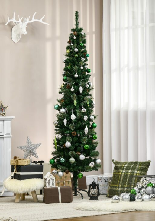6.5 Foot Pencil Artificial Christmas Tree, Slim Pine Needles Xmas Tree with Realistic Branches, Pine Cones, Metal Base, Green
