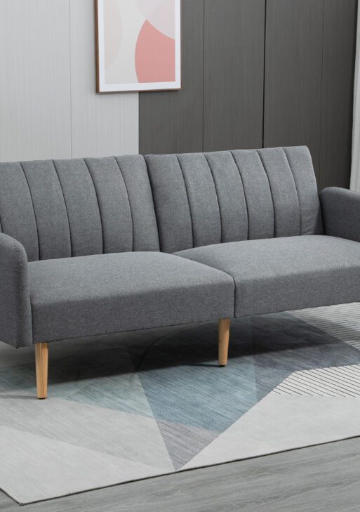 Two Seater Sofa Bed, Convertible Futon Couch Bed, Linen Upholstered Loveseat with Adjustable Backrest for Small Spaces, Living Room, Apartment, and Dorm, Light Gray