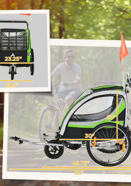 2-in-1 Walk/Ride Child Baby Bike Trailer for Kids 2 Seater, High-Visibility Bike Stroller for Toddler Wagon, Weather-Strong Double Bicycle Trailer Accessory for Kids, Green