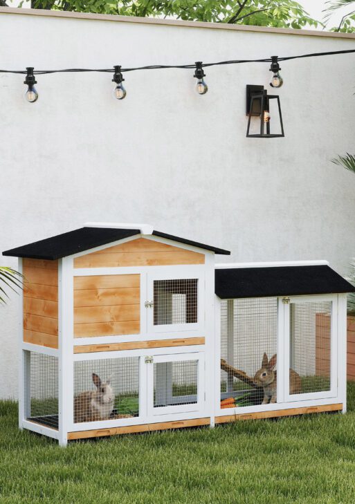62" Rabbit Hutch, Wooden Bunny Hutch, Guinea Pig Cage, Small Animal Enclosure with Run Area, Removable Tray, Asphalt Roof, Lockable Doors and Ramp, for Rabbits, Chickens, Ducks, Nature Wood