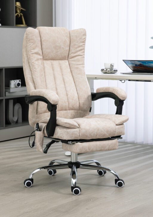 Massage Office Chair with 6 Points and Heat, Reclining Computer Chair with Adjustable Height and Footrest, Cream White
