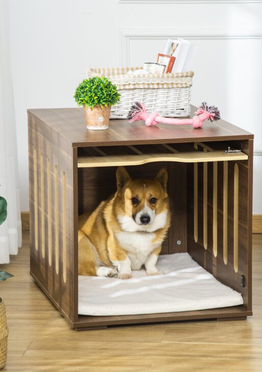 Furniture Style Dog Crate End Table with Removable Door Panel, Dog Crate Bed with Foam Cushion, Safety Lock, Indoor Use, for Small & Medium Dogs, Brown