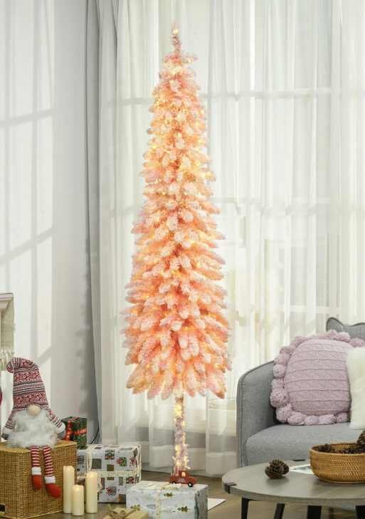 7' Flocked Christmas Trees, Pencil Prelit Artificial Christmas Tree with Snow Downswept Branches, Pink