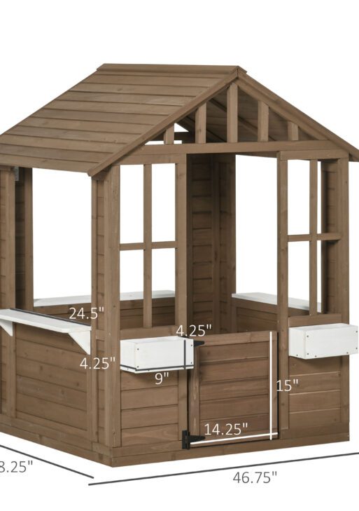 Kids Wooden Playhouse, Outdoor Garden Games Cottage with Flowers Pot Holder, Working Door, Windows, Brown